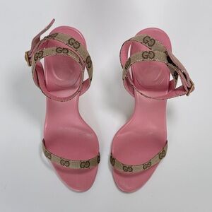 Vintage pink Gucci GG monogram canvas ankle-strap heeled sandals, size 8b